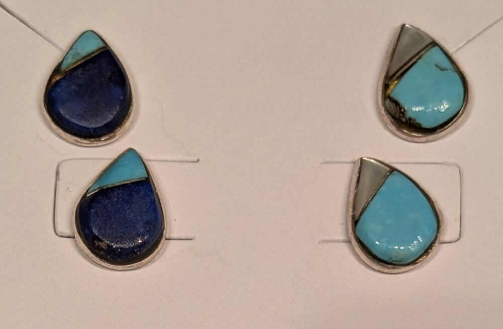 2 Pair Vintage Sterling Silver 925 Turquoise Lapis Abalone Stud Pierced Earrings